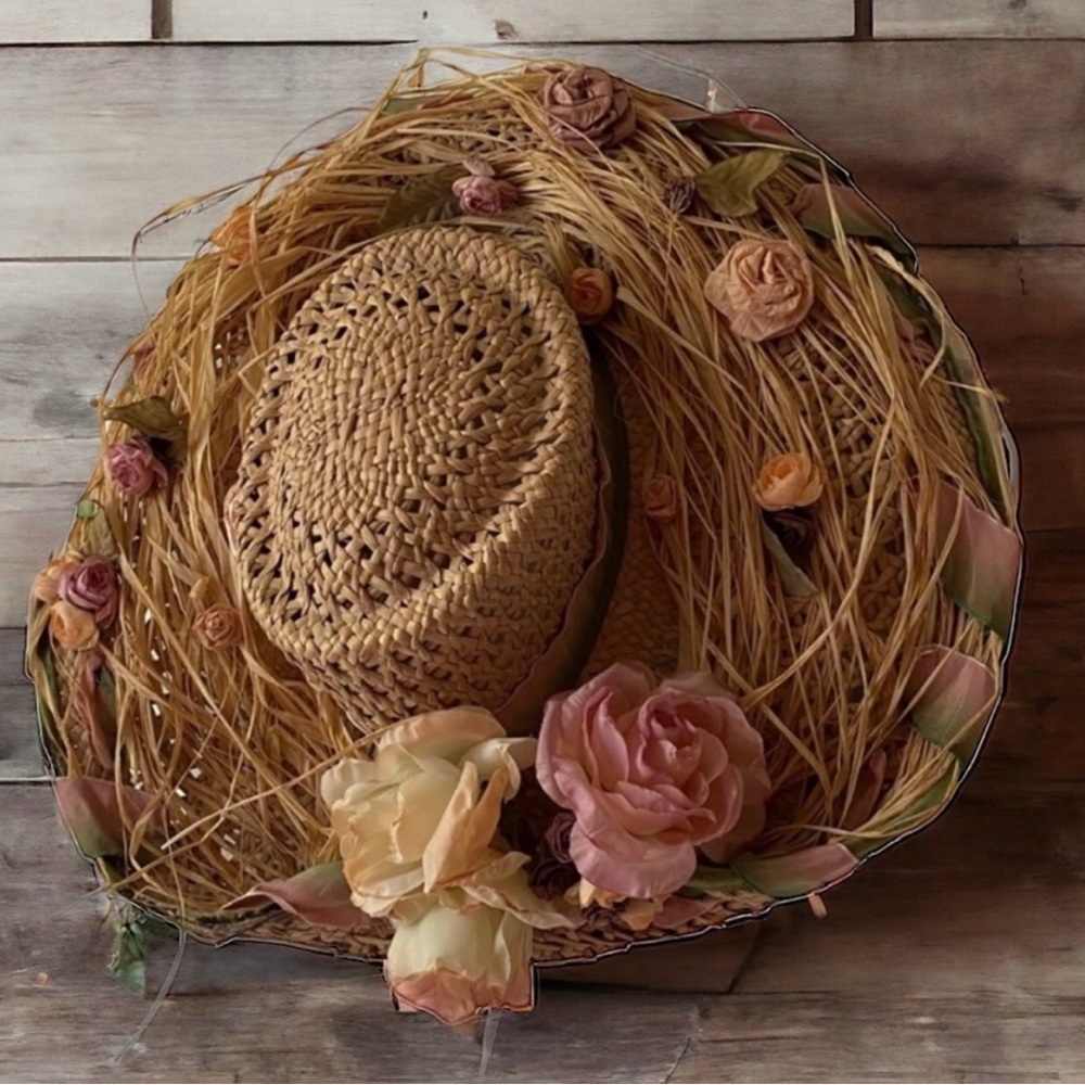 Whittall & Shon vintage straw floral brim beach Kentucky Derby fashion hat